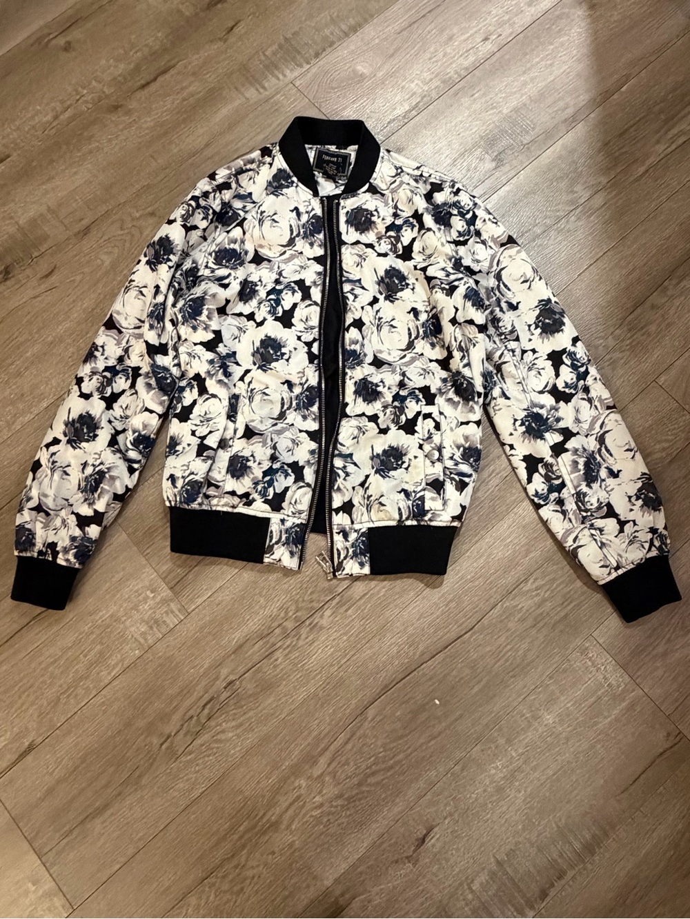 Forever 21 Floral Print Bomber Jacket - White & Black